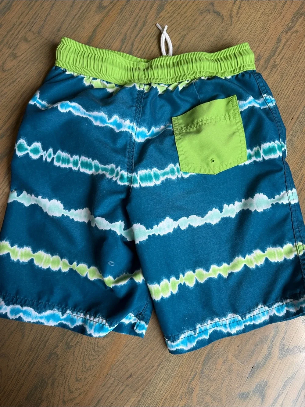 Lands' End Boys Teal Swim Trunks with Lime Waistband